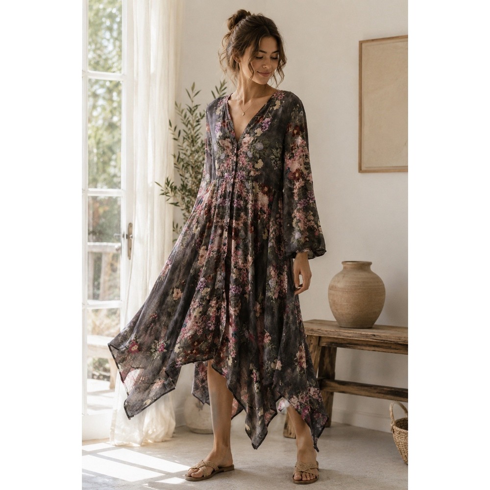 Feathers by Tolani Floral Handkerchief Hem Midi Fairy Dress Gray Pink Size M